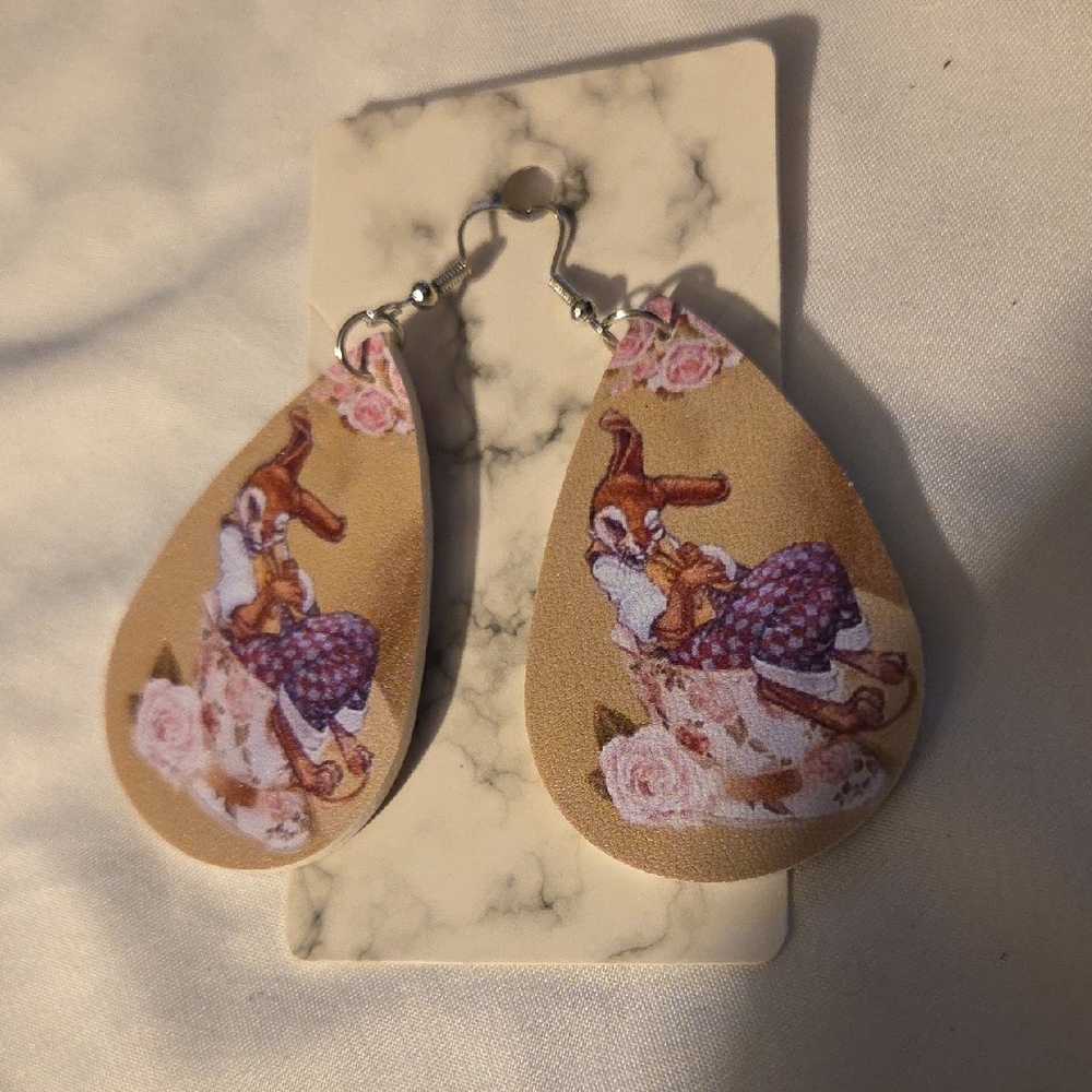 Charming Tan Teardrop Earrings with Floral & Bunny Design